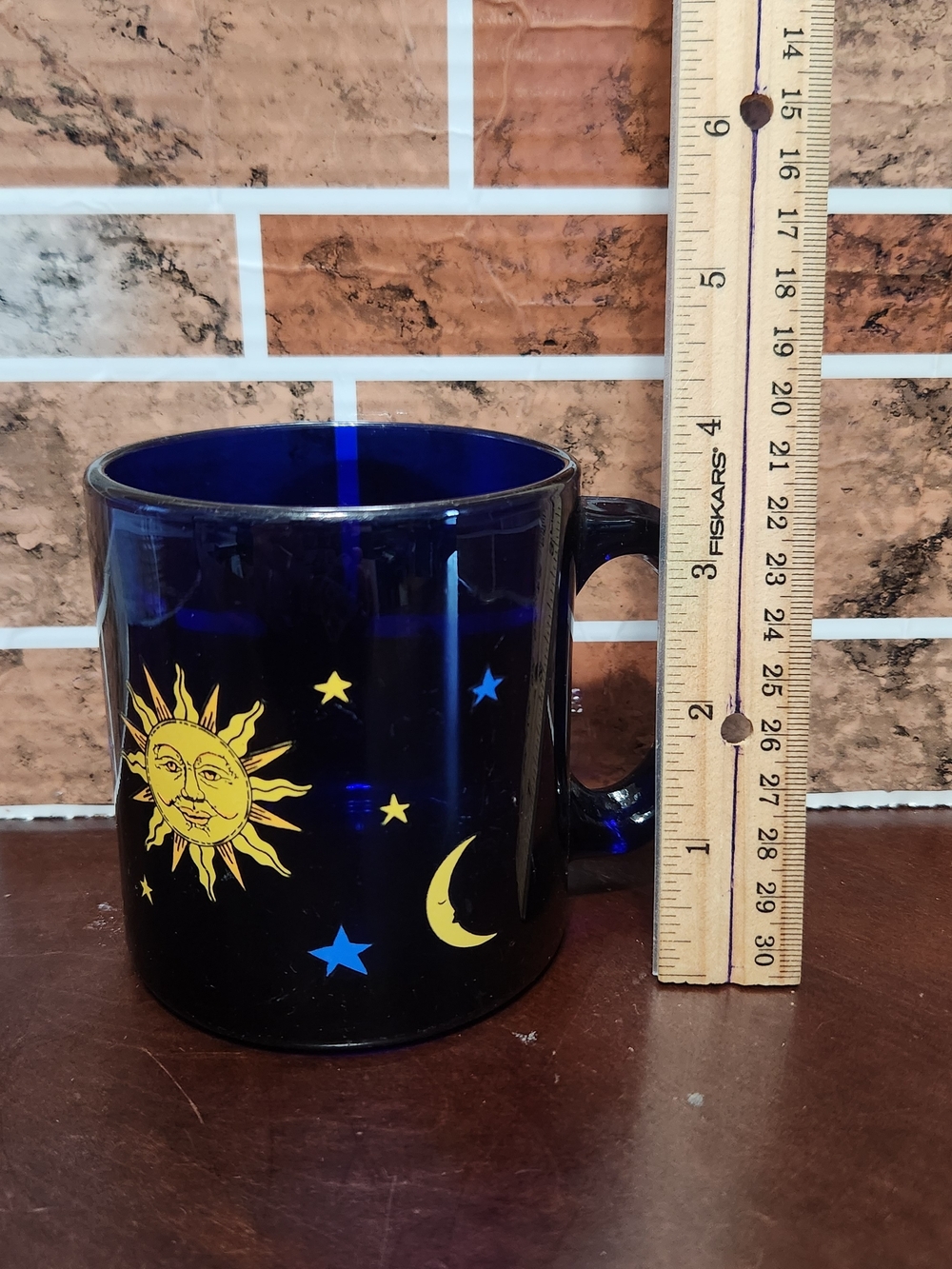 Cobalt Blue Glass Mug with Yellow Sun & Moon Motif - Picture 4 of 5
